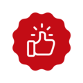 Symbool voor positieve beoordeling met duim omhoog op rode achtergrond