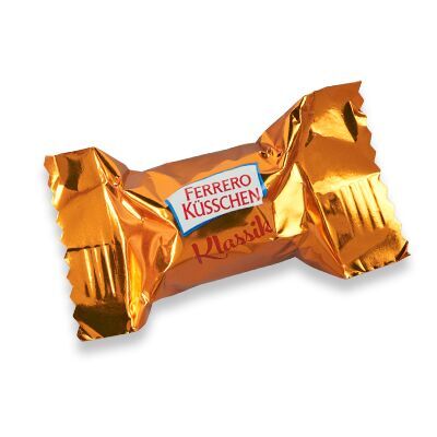 Een Ferrero Küsschen in gouden folie met een rode tekst. Perfect als zoet cadeau.